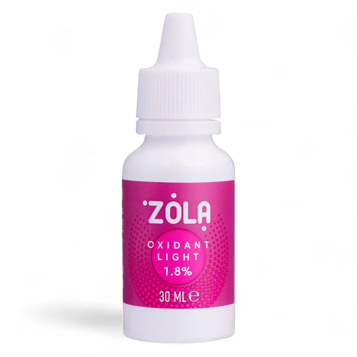 ZOLA Oxidant 1.8% 30 ml - Oxidante para Pestanas e Pós Brow Lamination Frasco plástico branco com tampa de bico e etiqueta rosa com texto