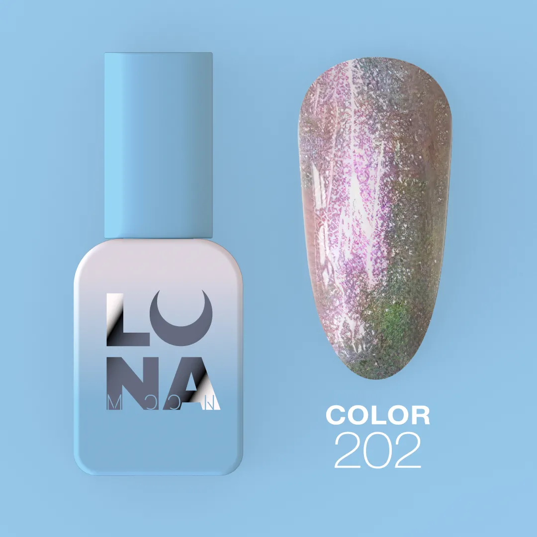 Verniz de unhas azul claro e amostra da cor perolada iridescente COLOR 202