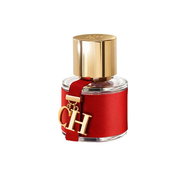 💥 EM ALTA: Carolina Herrera CH Woman EDT Frasco de perfume com tampa dourada e corpo em vidro com revestimento vermelho e pendente CH