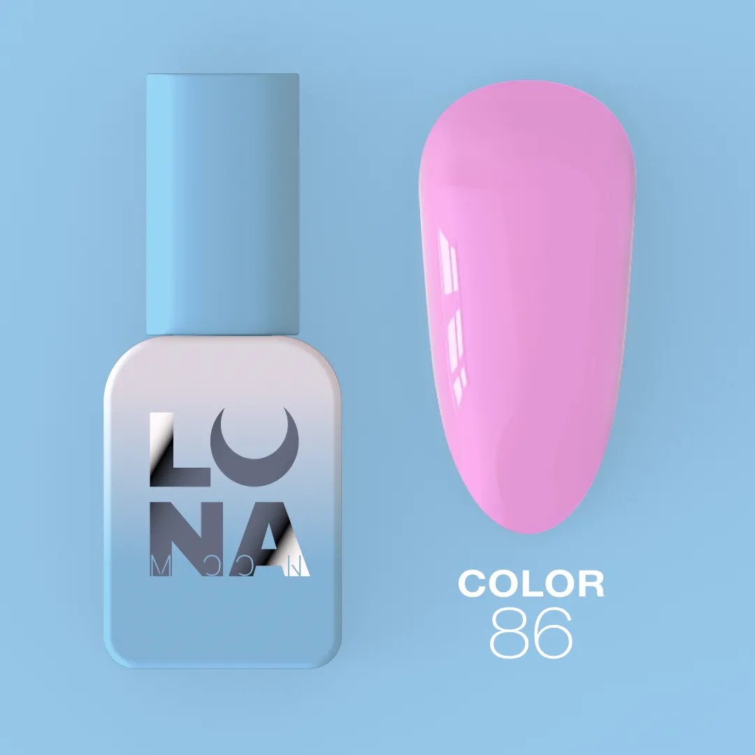 Verniz Gel – Gel Polish Nº86 Hot Pink – 13 ml LUNAmoon Verniz de unhas azul claro com rótulo LUNA e amostra rosa com texto COLOR 86
