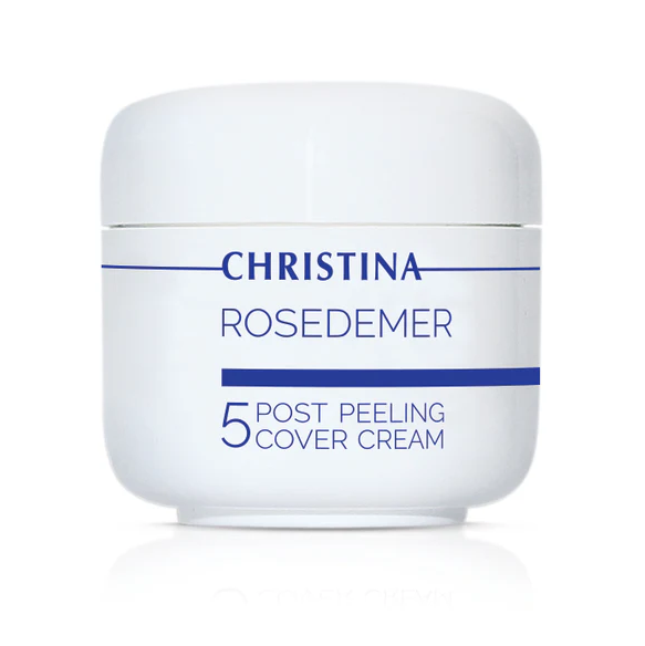 Rose de Mer Passo 5 Post Peeling Cover Cream Frasco branco de creme Christina Rosedemer com texto azul