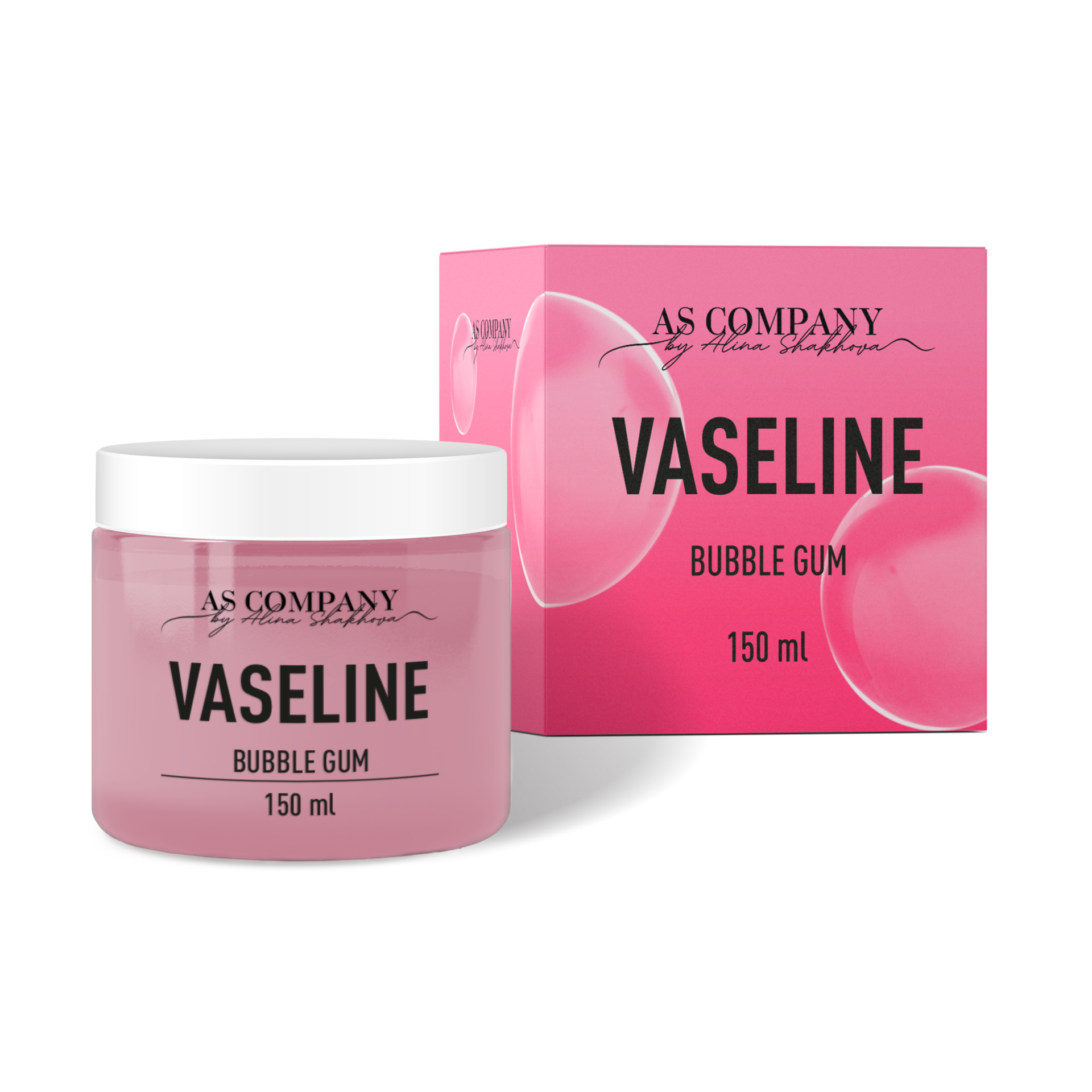 Vaseline Bubble Gum 150ml ? AS Company Vaselina AS COMPANY em frasco rosa com tampa branca e caixa cor de rosa