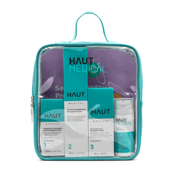 Kit Haut Medical para Micropigmentação Conjunto de produtos Haut Medical em bolsa transparente azul turquesa