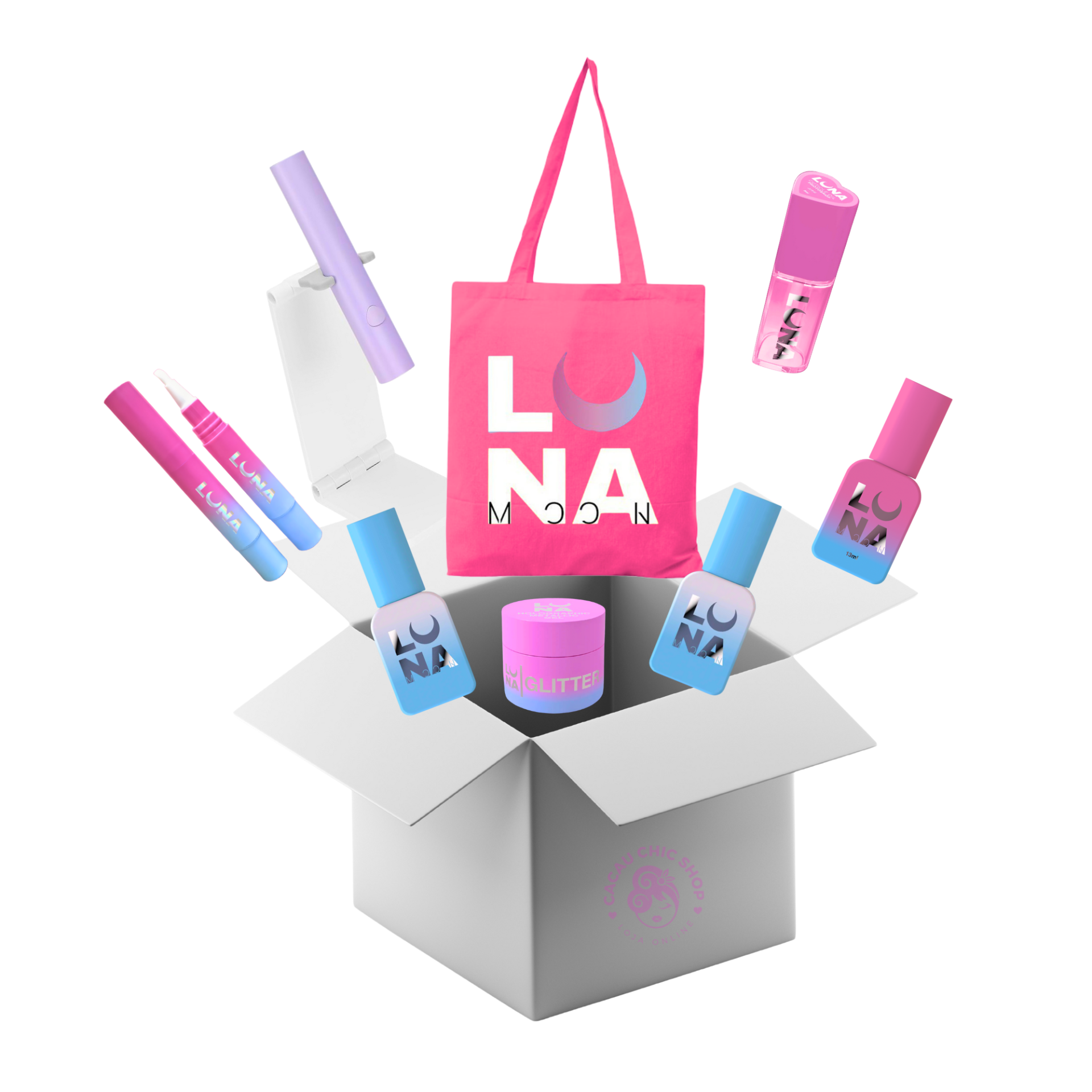 Kit Discover LunaMoon Produtos de manicure LUNA com saco de tecido rosa e caixa branca CACAU CHIC SHOP