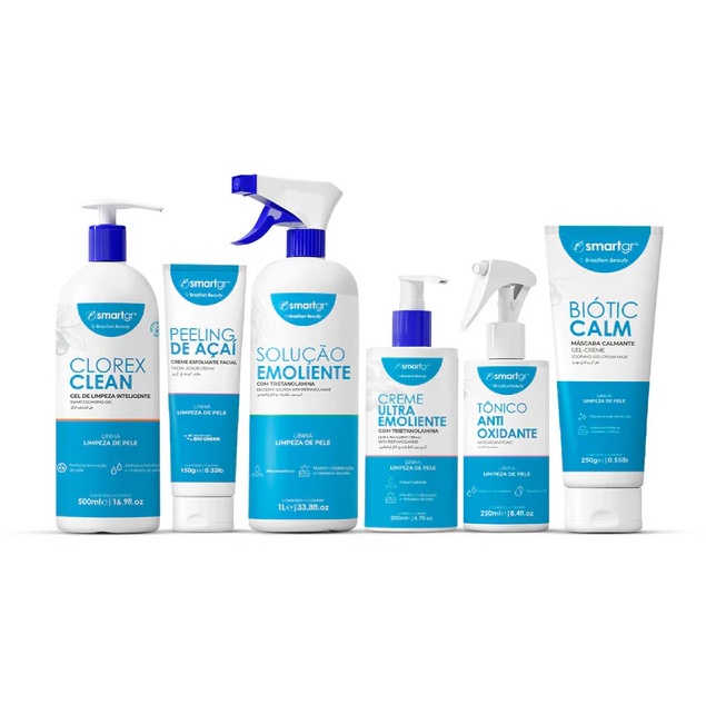 Kit Limpeza de Pele Profissional para Estética Facial - Smart GR Conjunto de produtos de cuidados de pele Smartgr em embalagens azuis e brancas