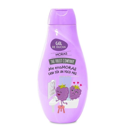 Gel de Duche Blackberry 600 ml The Fruit Company Frasco lilás de gel de ducha Moras com ilustração de amoras felizes