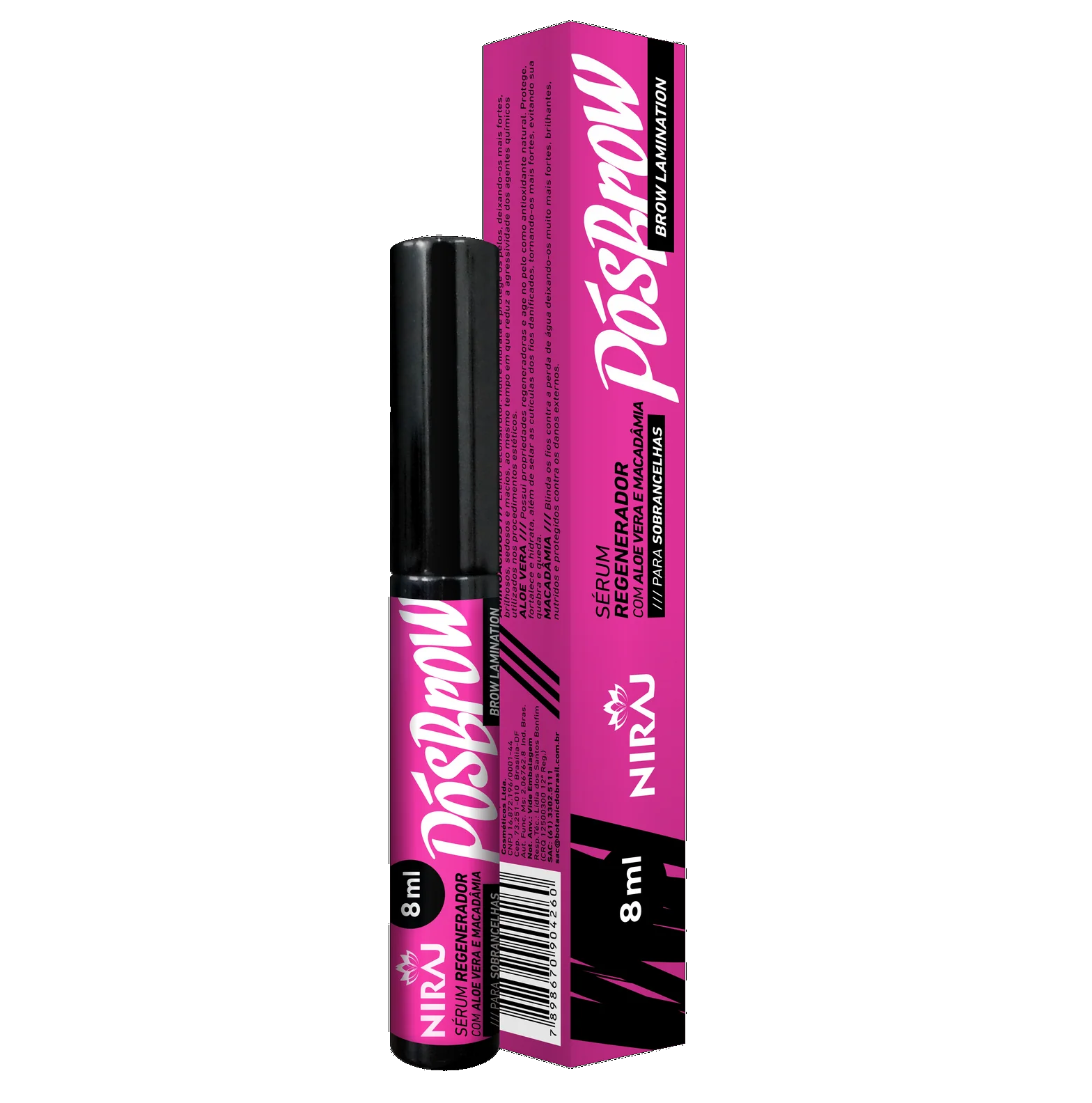NIRAJ Sérum Regenerador Pós Brow Lamination - 8ml Sérum para sobrancelhas Nirú PostBrow em frasco rosa e preto com caixa correspondente
