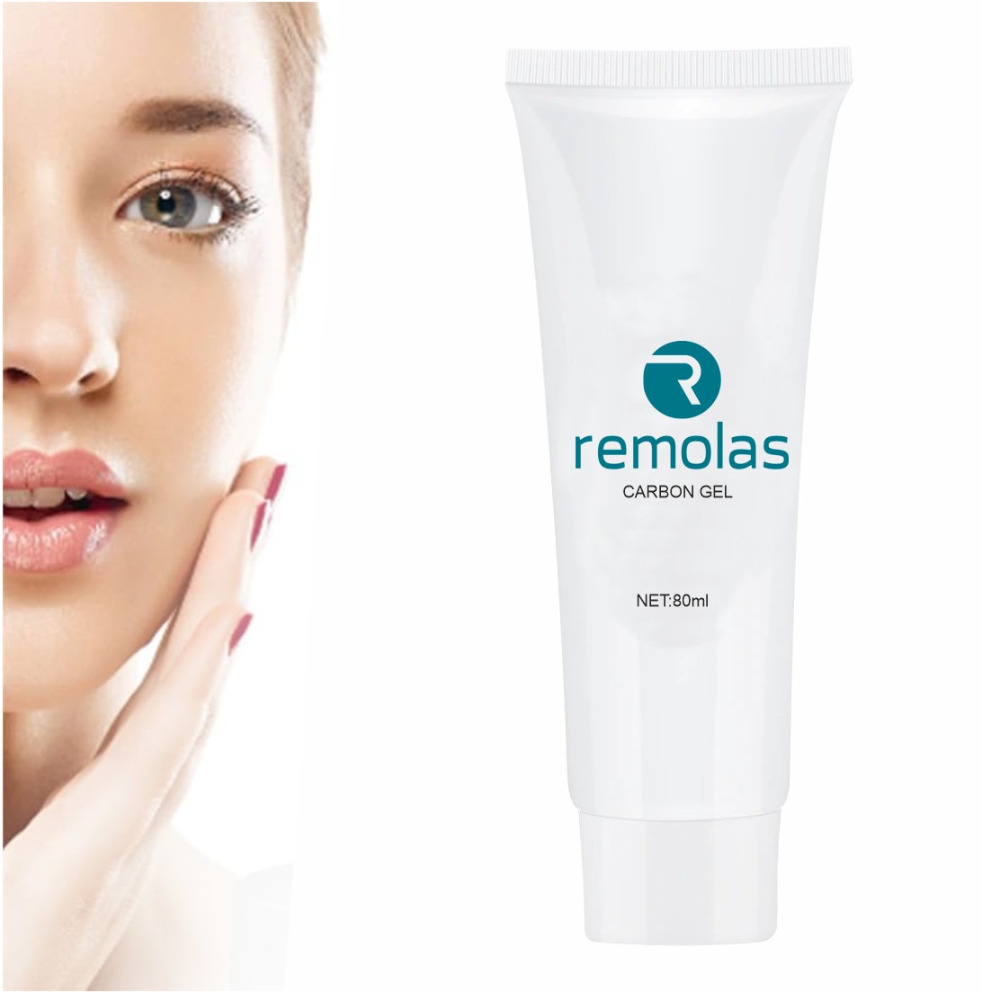 Gel Peeling de Carbono ou Hollywood – Carbon Laser Peel (80 ml) Tubo branco do gel remolas com rosto de mulher ao lado