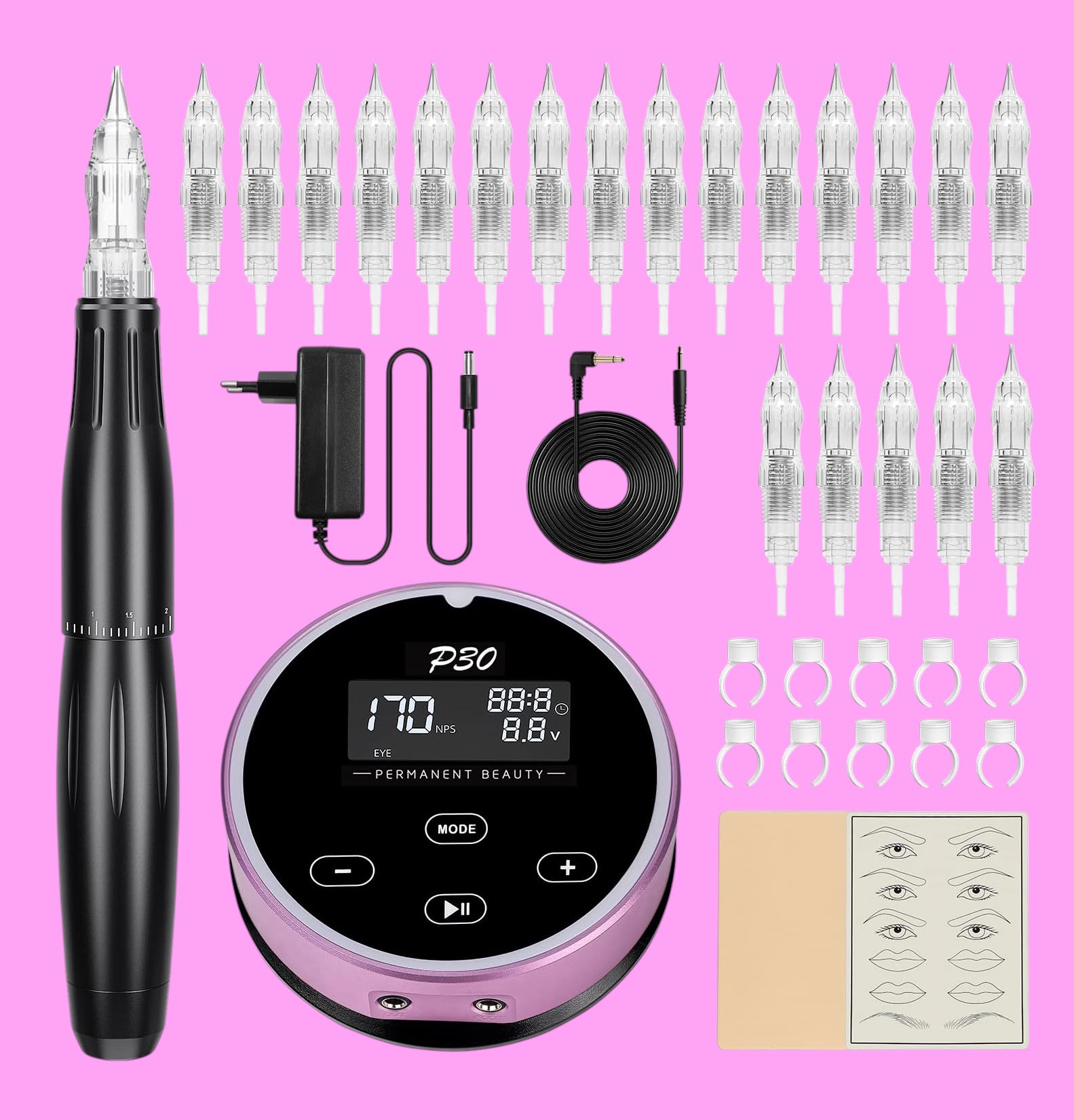 Kit Biomaser Dermógrafo + 20 Agulhas Kit de micropigmentação com máquina, agulhas, base digital, cabos, anéis porta-tinta e placa de prática sobre fundo rosa