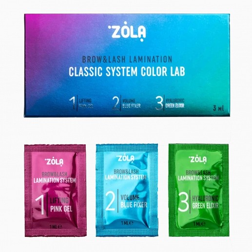 ZOLA Color Lab Sachet 3 x 1 ml - Laminação Colorida Brow & Lash Pacote ZOLA Brow & Lash Lamination com três saquetas coloridas distintas