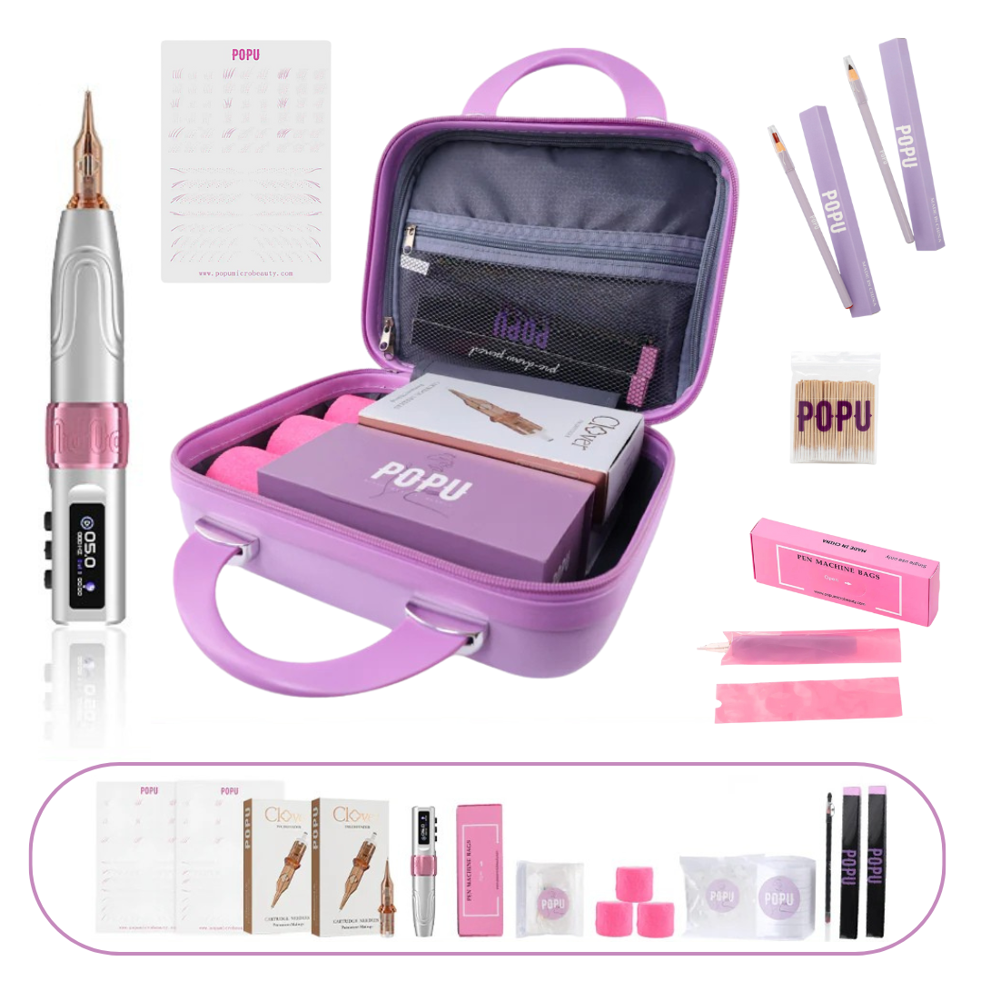 POPU Kit Mini Diva 3.5mm Stroke – Essential Pro Kit para micropigmentação com máquina prateada e rosa em estojo lilás e acessórios rosa e roxo