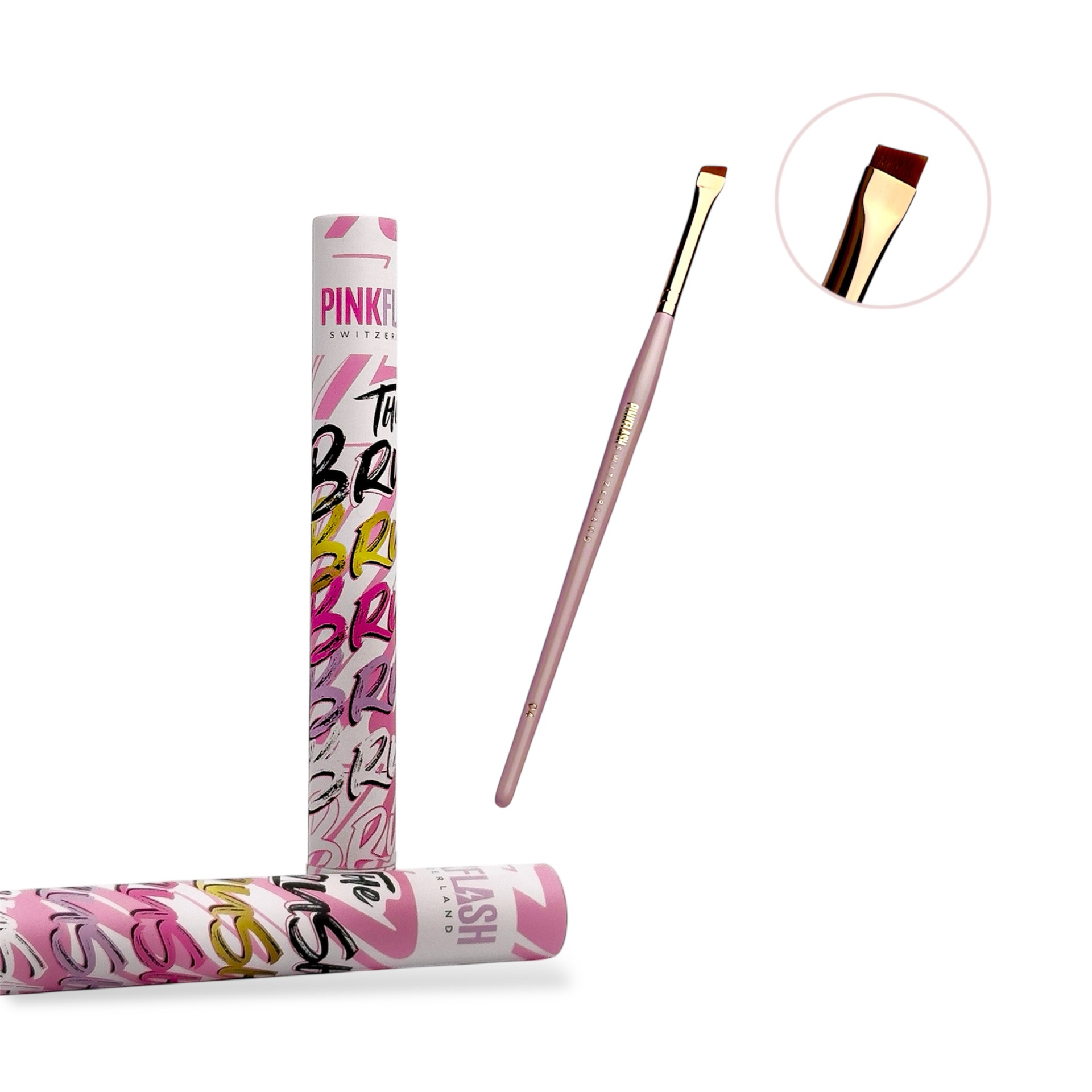 Pink Flash Brush 04 – Arredondado Detalhe e Esbatimento Perfeito Pincel de maquilhagem rosa com embalagem cilíndrica branca com texto colorido