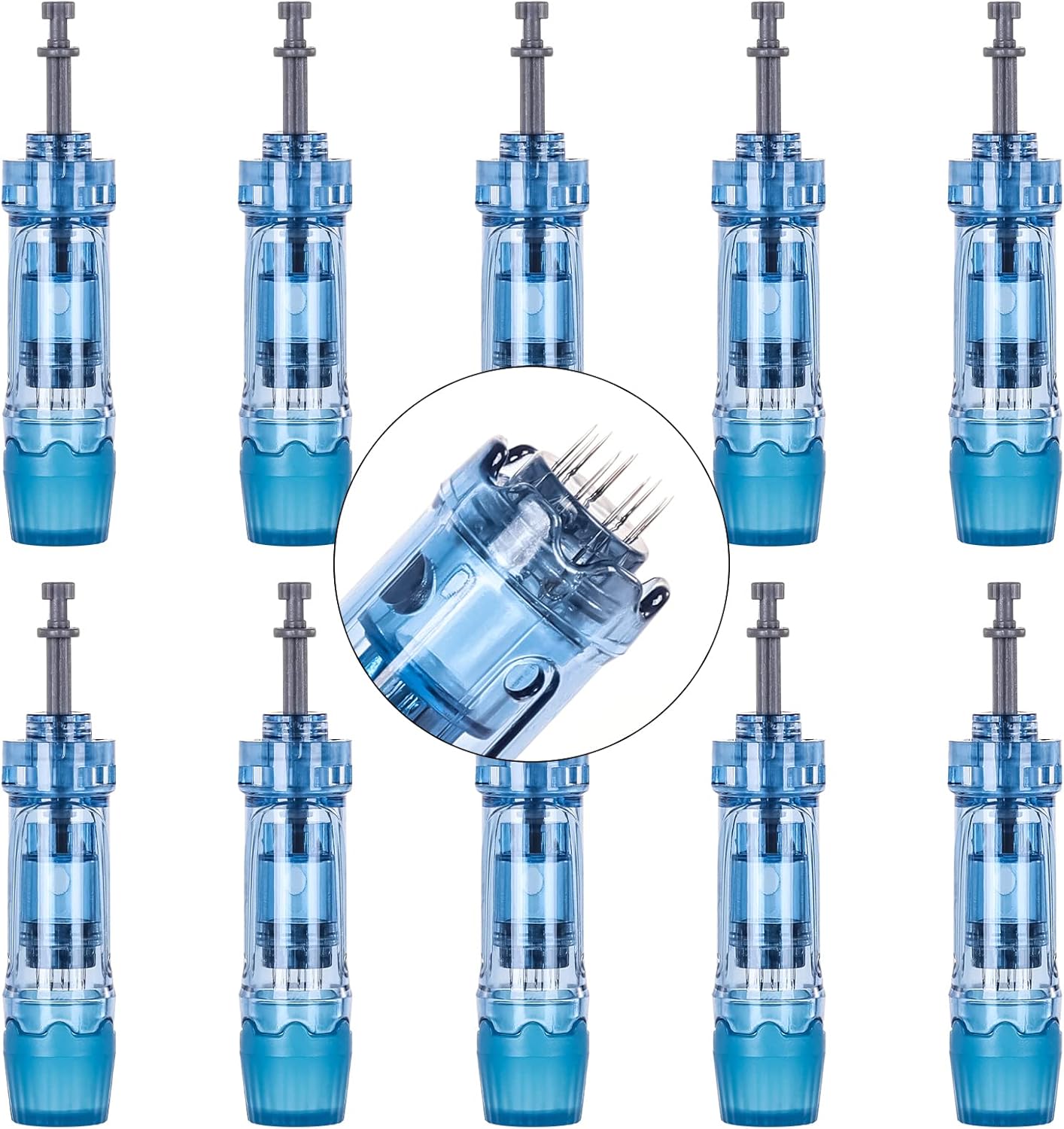 10 Recargas Dermapen Dr. Pen Compatíveis com A9, M8S, A8S e A11 Cartuchos azuis transparentes para microagulhamento com agulhas visíveis