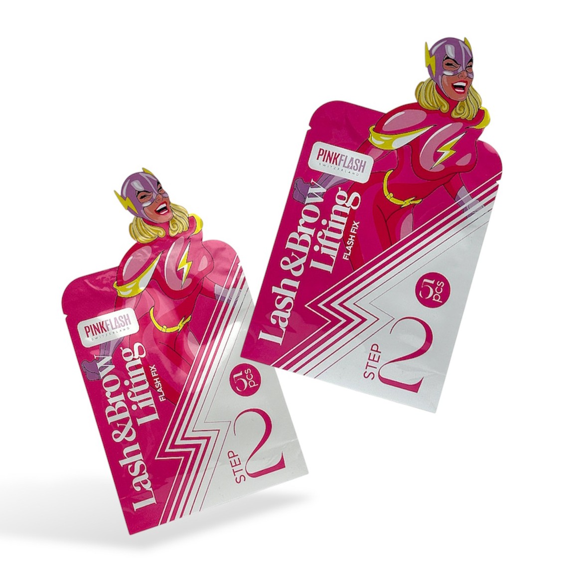 Pink Flash Lash and Brow Lift Passo 2 – 5 Saquetas Duas embalagens rosa e branca de Lash & Brow Lifting com ilustração de super-heroína