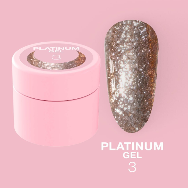 Platinum Gel Nº3 – Bronze com Glitter – 5 ml LUNAmoon Frasco rosa de gel para unhas com rótulo 'PLATINUM GEL 3' e unha pintada de gel prateado glitter