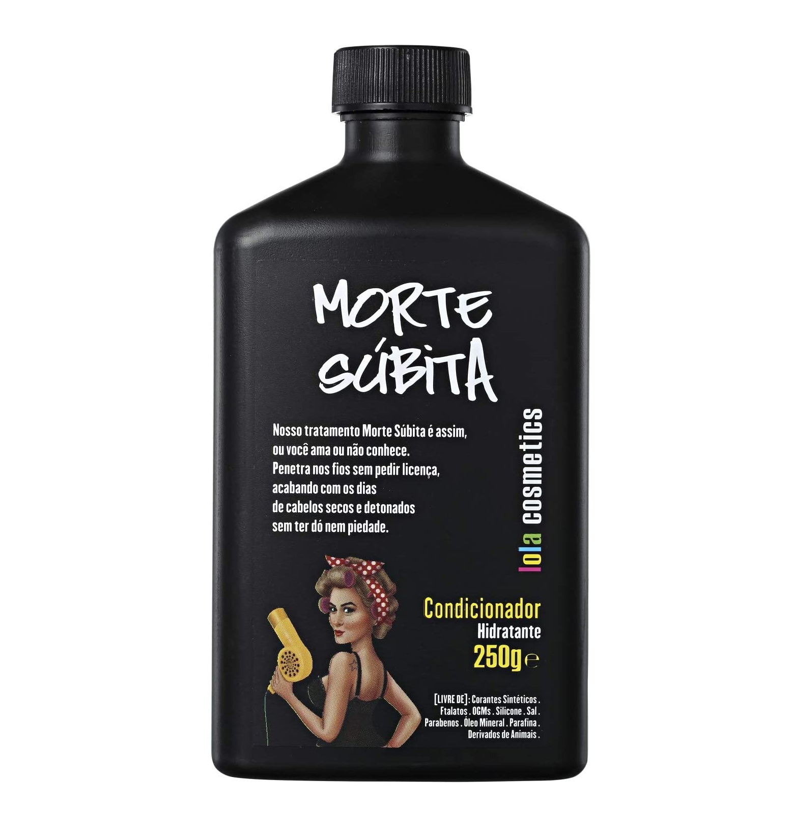 Condicionador Morte Subita Lola Cosmetics 250 ml Frasco preto de condicionador hidratante Morte Súbita com ilustração e texto colorido