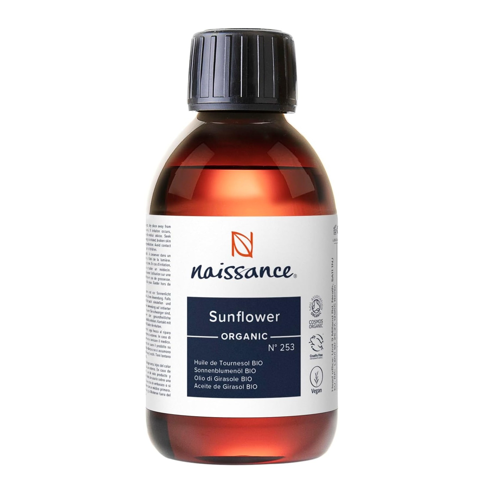 Óleo Vegetal de Girassol BIO - Pele, cabelo, unhas e massagem Garrafa de óleo Sunflower Organic da marca Naissance com rótulo branco e texto azul.