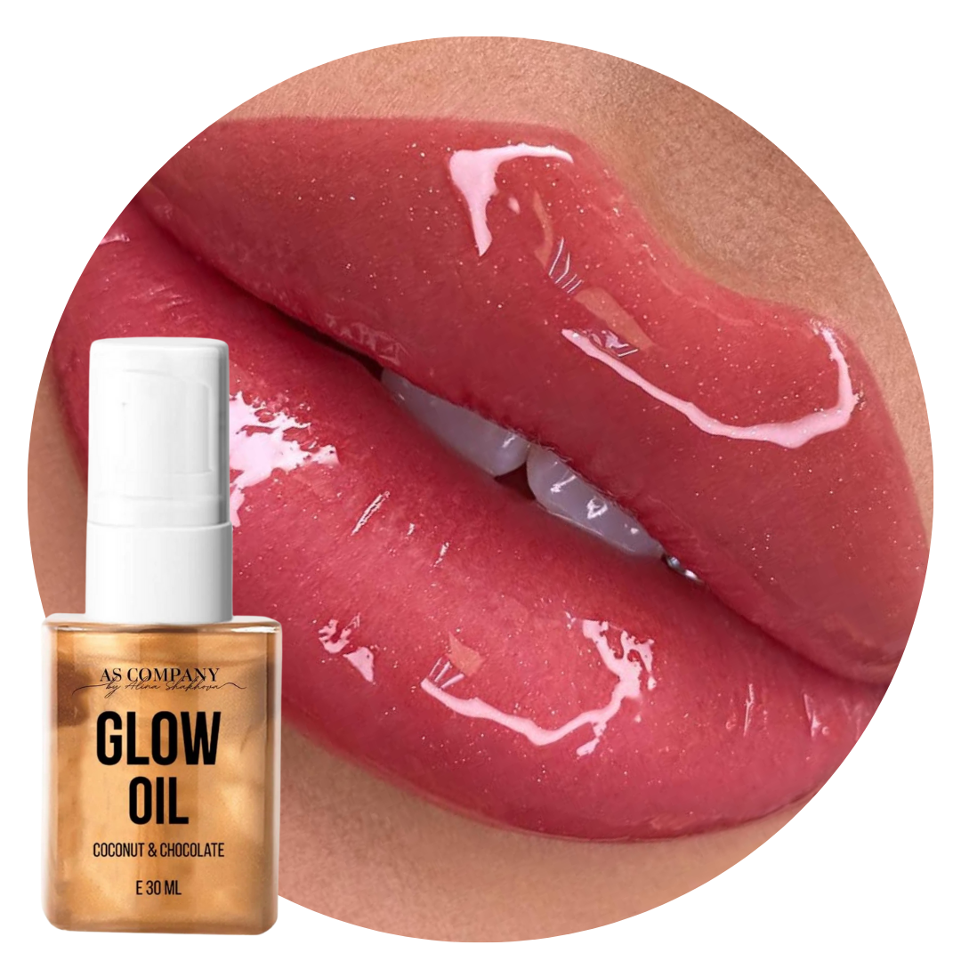 Glow Oil Coconut & Chocolate | Óleo Fotográfico Pós-PMU & Hydra Gloss 30 ml Frasco de óleo Glow Oil ao lado de lábios brilhantes e hidratados.