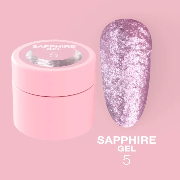 Sapphire Gel Nº5 – Rosa Claro Gelado – 5 ml LUNAmoon Conteiner rosa com gel para unhas e amostra de cor rosa metálica