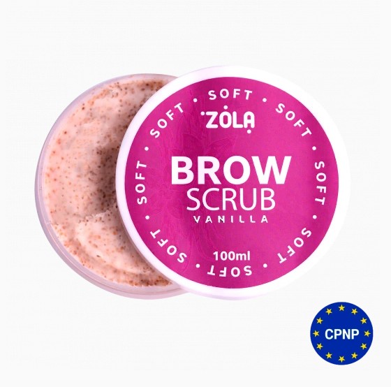 ZOLA Eyebrow Scrub Soft Vanilla 100 ml - Esfoliação de Sobrancelhas Frasco aberto de esfoliante para sobrancelhas Zola Brow Scrub Vanilla com tampa roxa e texto branco