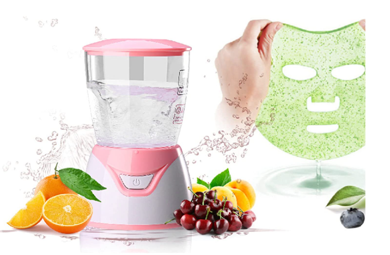 Máquina para Fazer Máscaras Faciais Base de Frutas Liquidificador rosa pequeno com frutas e máscara facial verde de gel