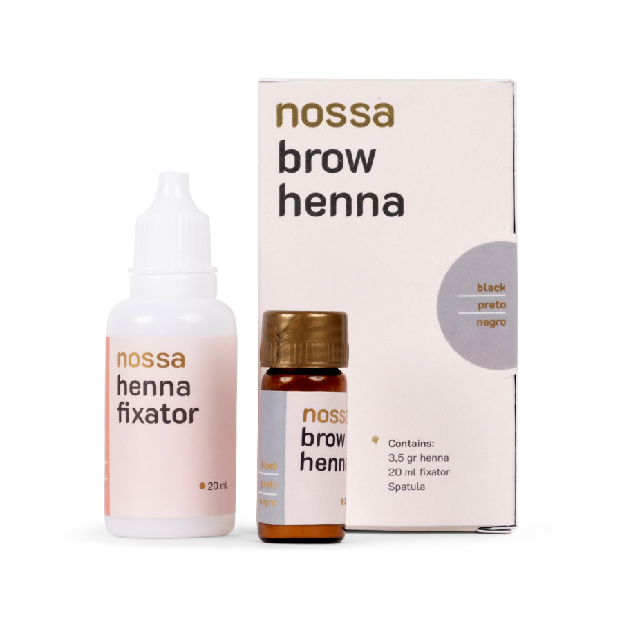 Henna + Fixador NOSSA para Sobrancelhas - Preto Produtos para sobrancelha Nossa Brow Henna com garrafas e embalagem