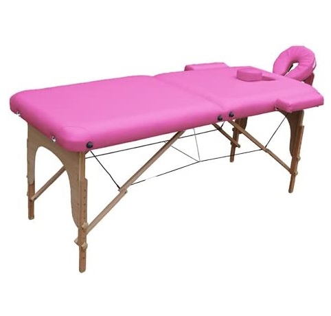 🌸 Marquesa Portátil Rosa Madeira 2 Corpos Mesa de massagem portátil rosa com estrutura de madeira e apoios almofadados