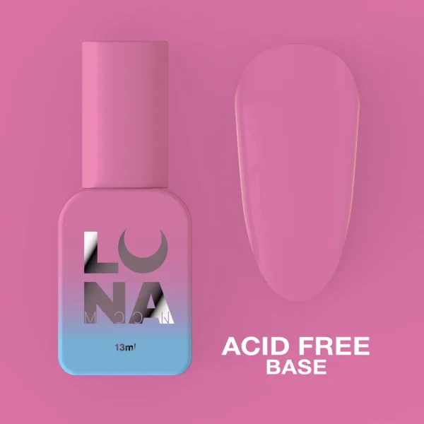 Acid Free Base – Base Transparente Sem Ácido – 13 ml LUNAmoon Frasco de verniz de unhas rosa degradê com texto ACID FREE BASE e amostra da cor