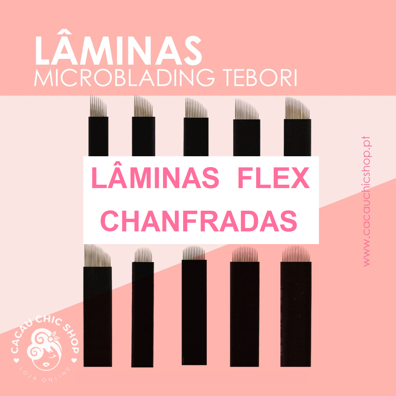 TOP VENDAS🥇Lâminas - Flex - Chanfradas Lâminas flex chanfradas para microblading tebori em fundo rosa com texto e logo