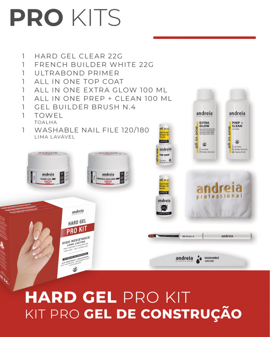 Andreia Professional – Kit Hard Gel Kit PRO gel de construção unhas com vários produtos Andreia Professional e embalagem