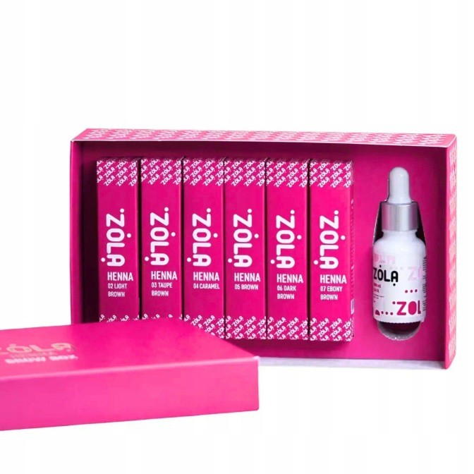 ZOLA Henna Box 6 x 5 g - Kit 6 Hennas para Sobrancelhas Conjunto de tinturas ZOLA Henna com seis caixas de cores diferentes e frasco conta-gotas numa caixa rosa.