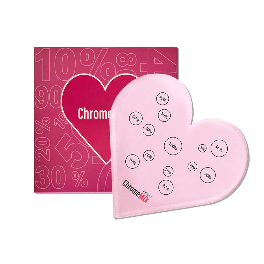 Noemi ChromeMix Heart - Paleta de Mistura com Proporções Produto em forma de coração rosa claro com percentagens e embalagem rosa escuro com coração vermelho