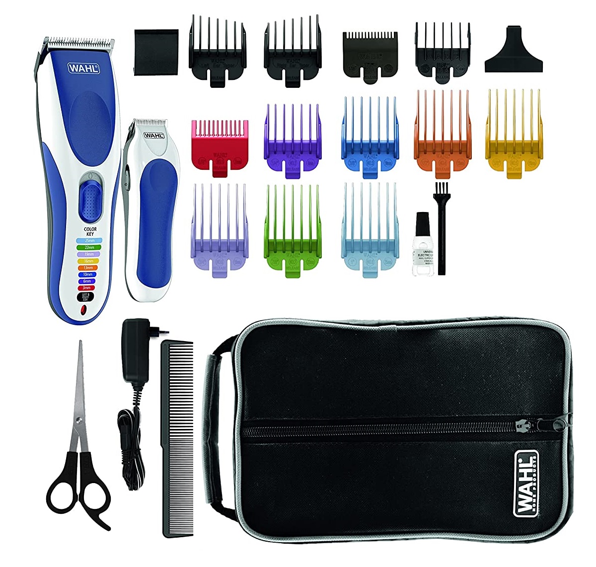 Kit Máquina de Cortar Cabelo Wahl Recarregável Conjunto máquina cortar cabelo e aparador WAHL com acessórios variados e bolsa preta