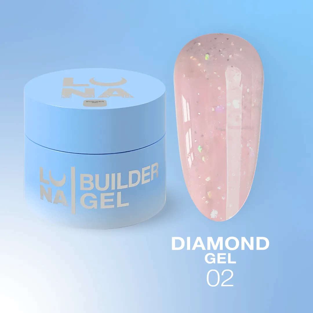 Diamond Gel Nº2 – Gel Construção Rosa Pastel Glitter – 15 ml LUNAmoon Gel para unhas Builder Gel da Luna com amostra em gel cor rosa translúcido com partículas brilhantes