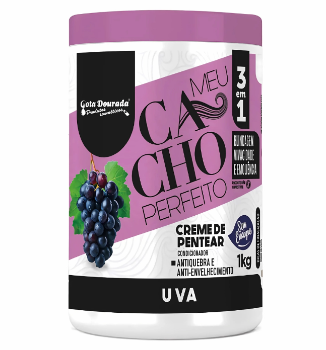 Gota Dourada Creme de Pentear Meu Cacho Perfeito Uva 1 Kg Embalagem de creme de pentear Meu Cacho Perfeito coruja lilás e branca com imagem de uvas e texto 3 em 1