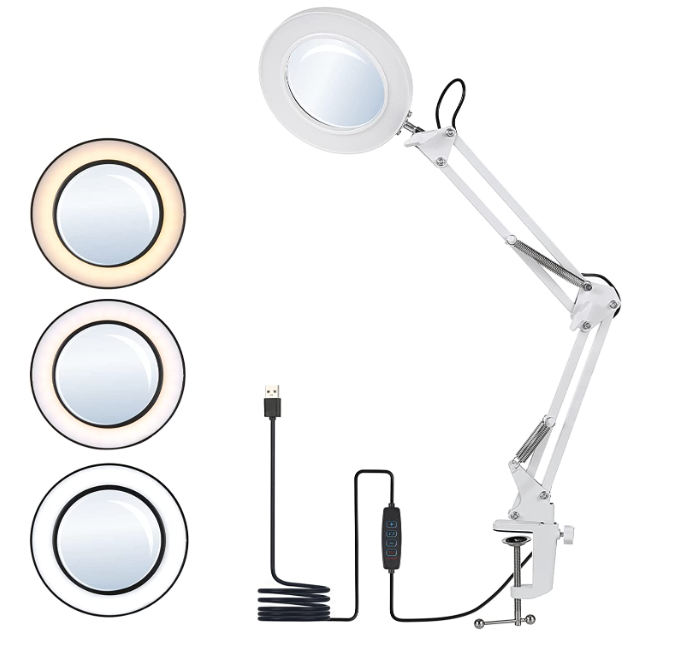 Lupa Led 8 Dioprias Articulada de Mesa Lâmpada articulada branca com luzes de anel e cabo USB