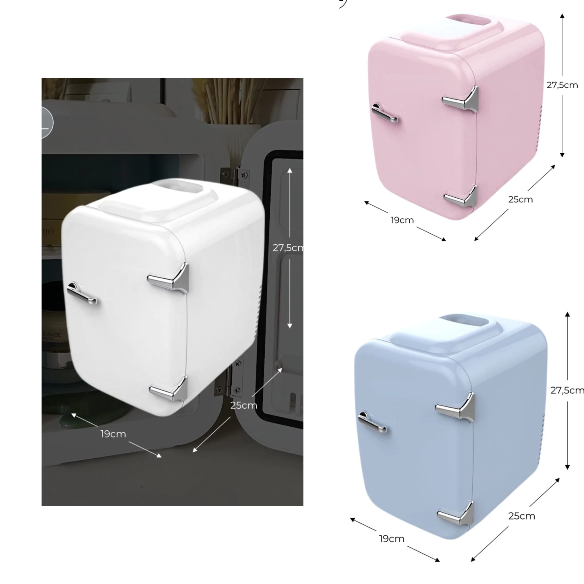 🌸 Mini Frigorífico Portátil para Cosméticos 4L Mini frigoríficos branco, rosa e azul em plástico com fechos metálicos, dimensões destacadas