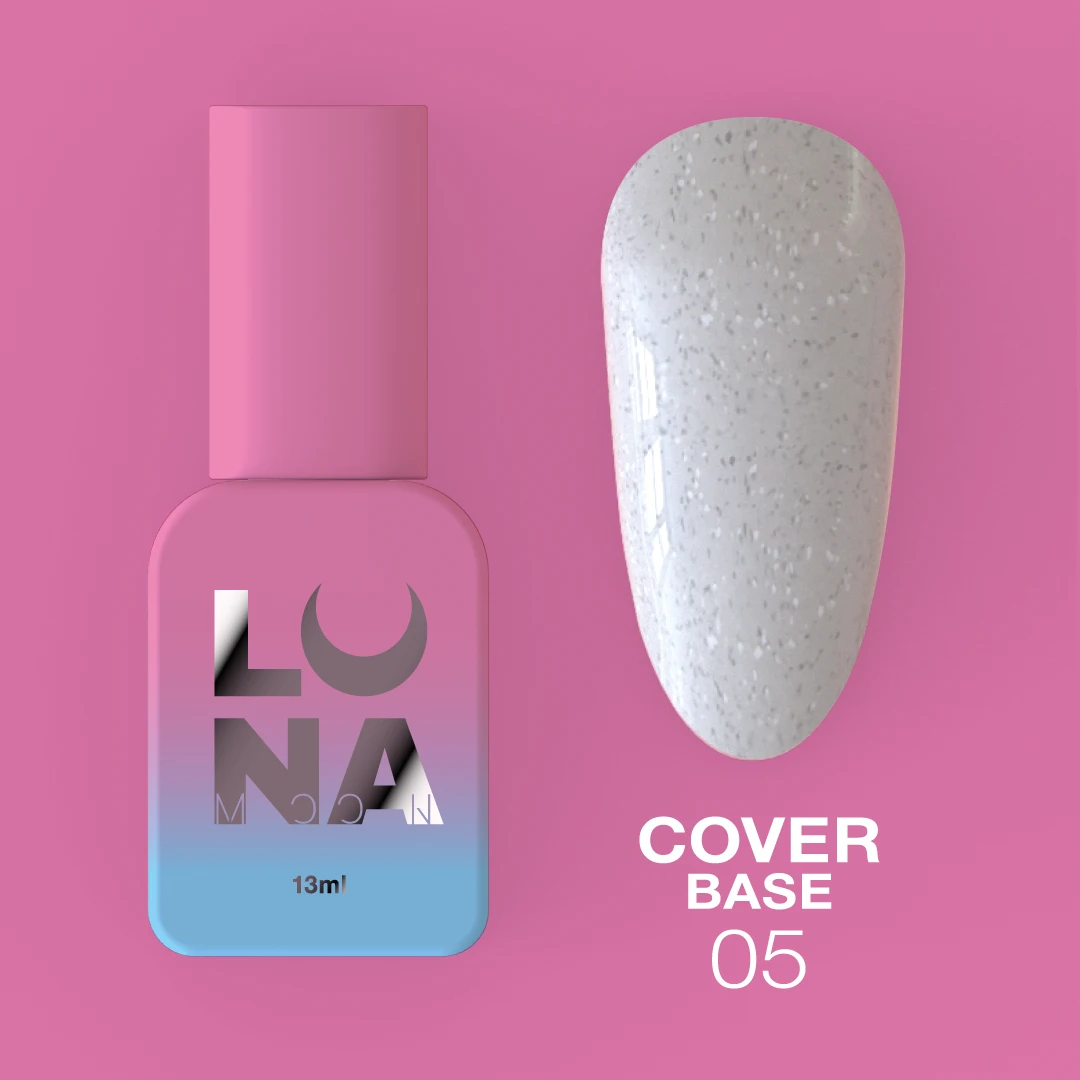 Cover Base Nº5 – Base Camuflagem Leitosa Shimmer – 13 ml LUNAmoon Frasco de verniz LUNA e amostra de unha branca com textura pontilhada