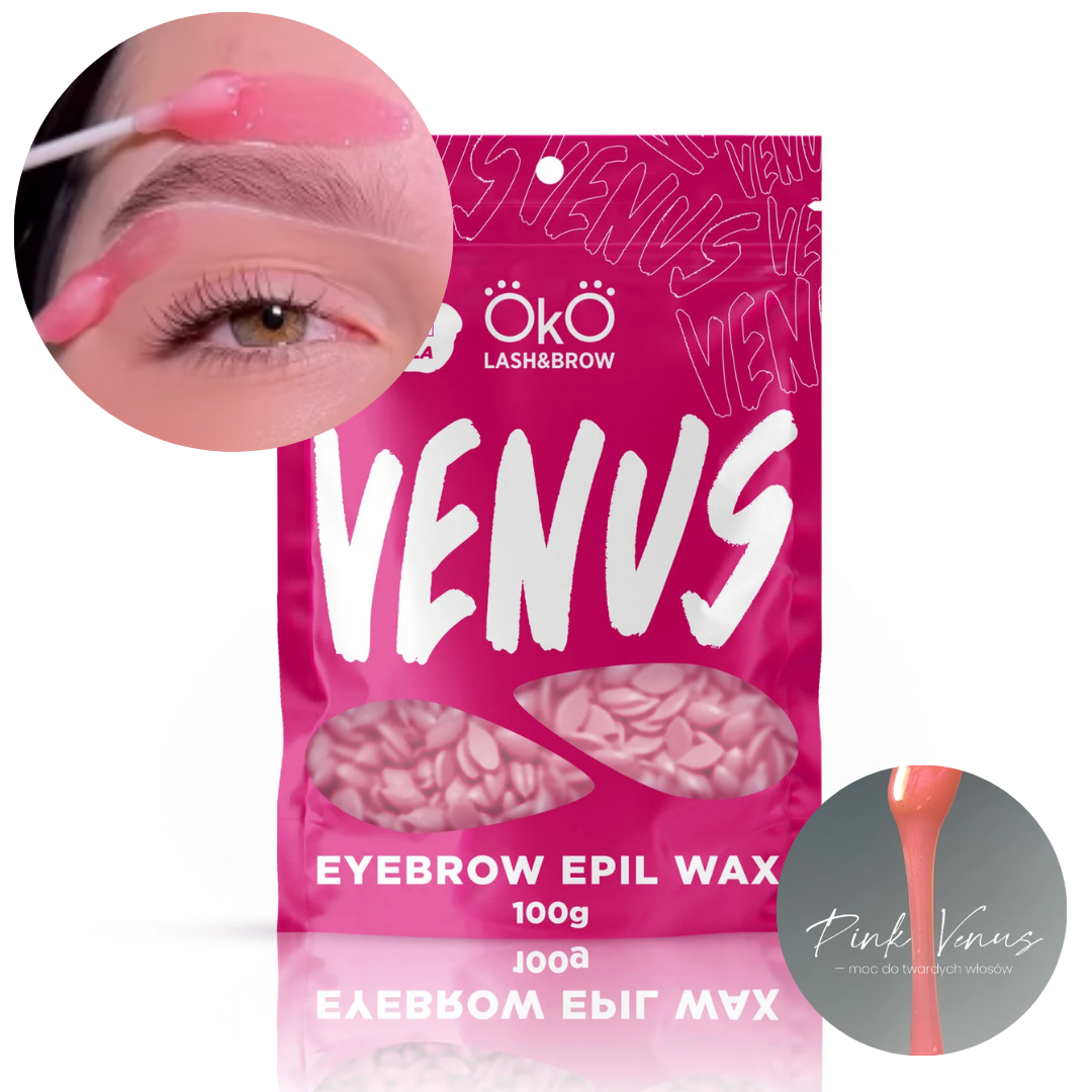 Cera para Sobrancelhas Epil Wax Venus 100 g Embalagem rosa de cera para sobrancelhas VENUS 100g com detalhe de aplicação da cera rosa nas sobrancelhas e textura da cera