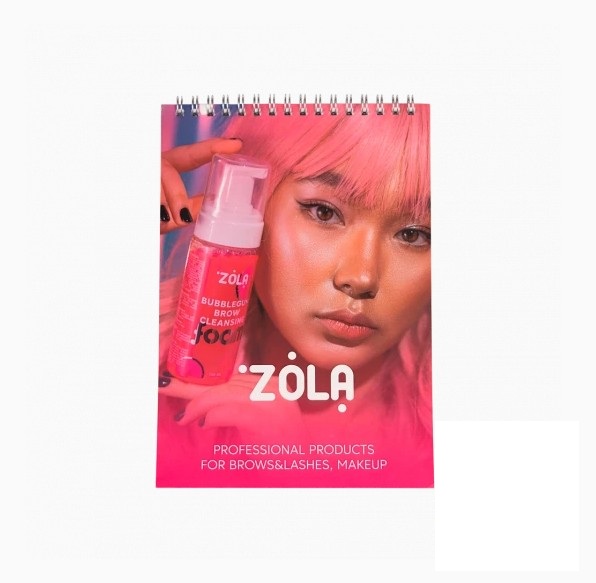 ZOLA Notebook - Bloco de Notas Caderno com capa rosa e imagem de mulher segurando produto de limpeza para sobrancelhas Zòla