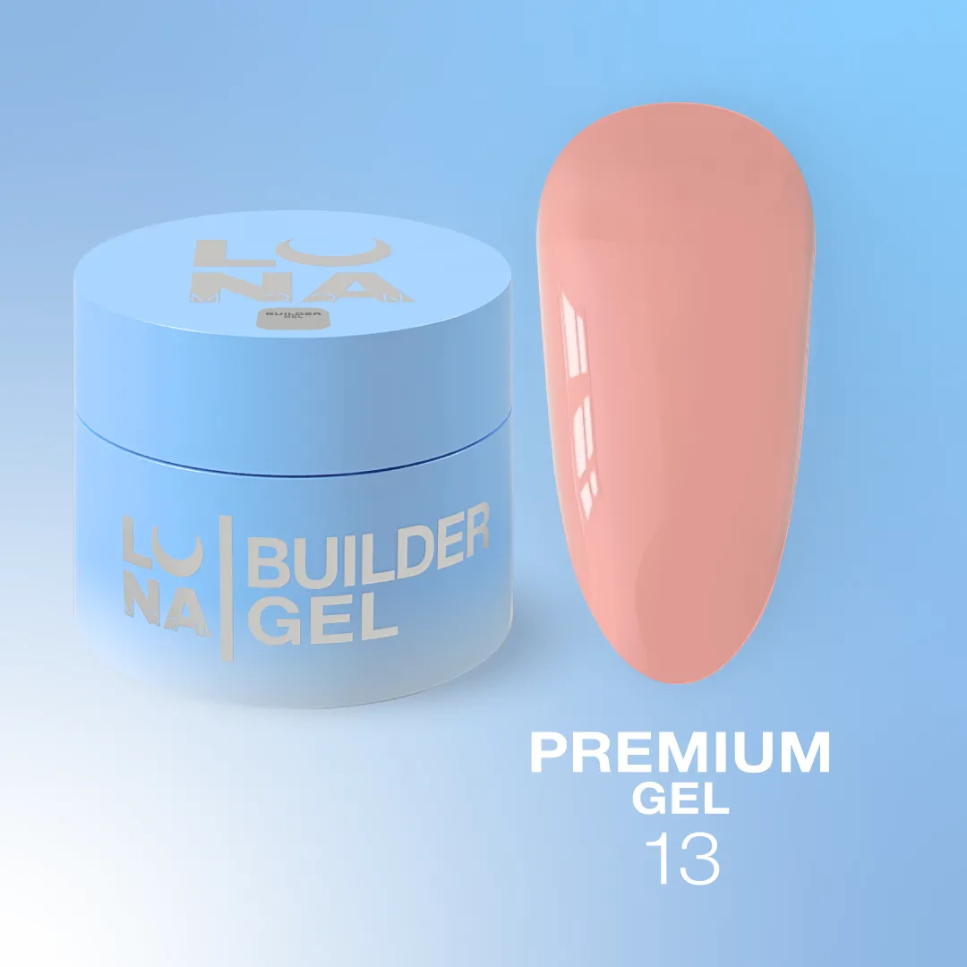 Gel Premium Nº13 – Gel Construção Khaki Nude – 15 ml LUNAmoon Gel unhas Builder Gel Luna azul embalagem com amostra cor rosa-pêssego e texto Premium Gel 13
