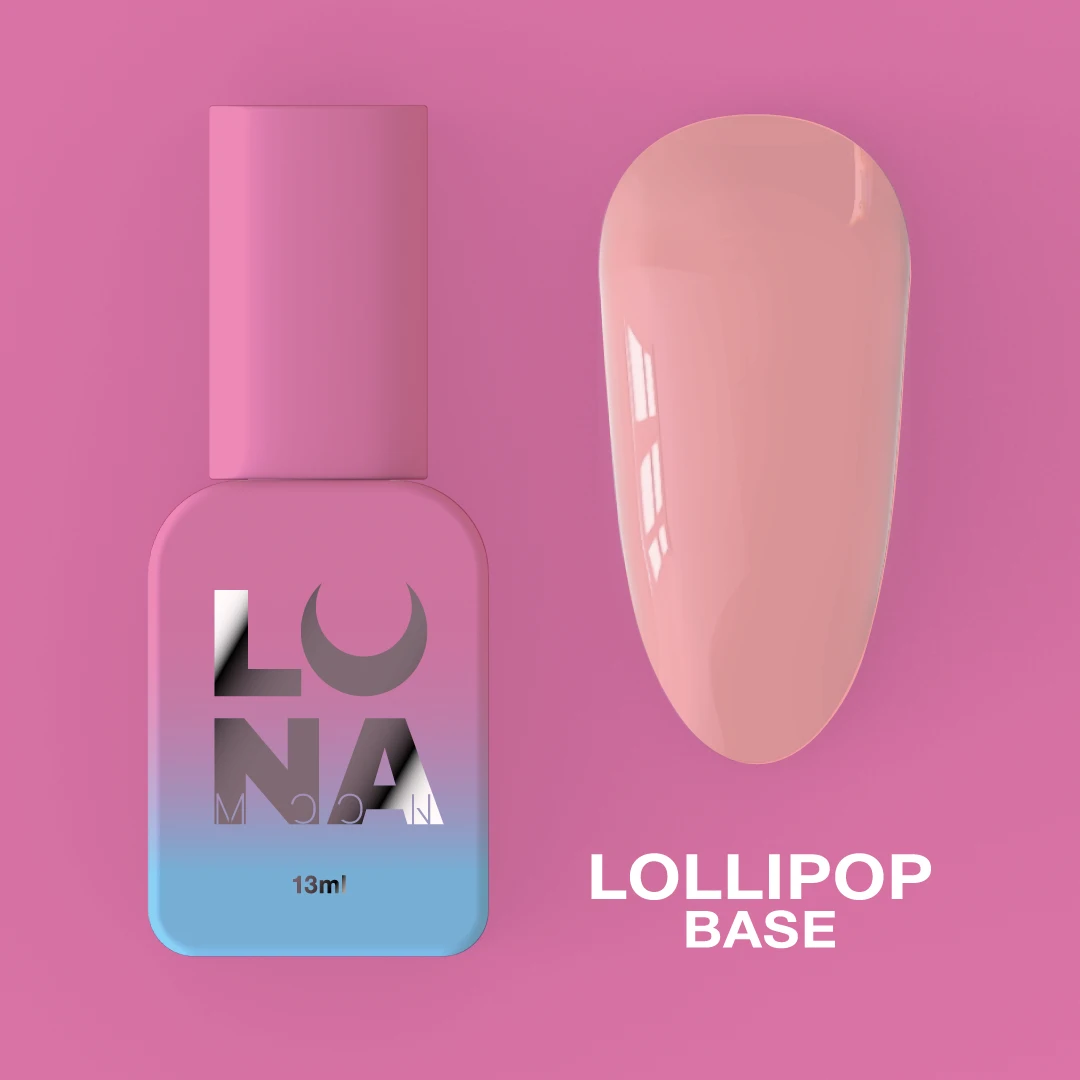 Lollipop Base – Base Color Camuflada Rosa – 13 ml LUNAmoon Verniz de unha rosa claro com frasco em degradê rosa para azul e texto 'LUNA'.