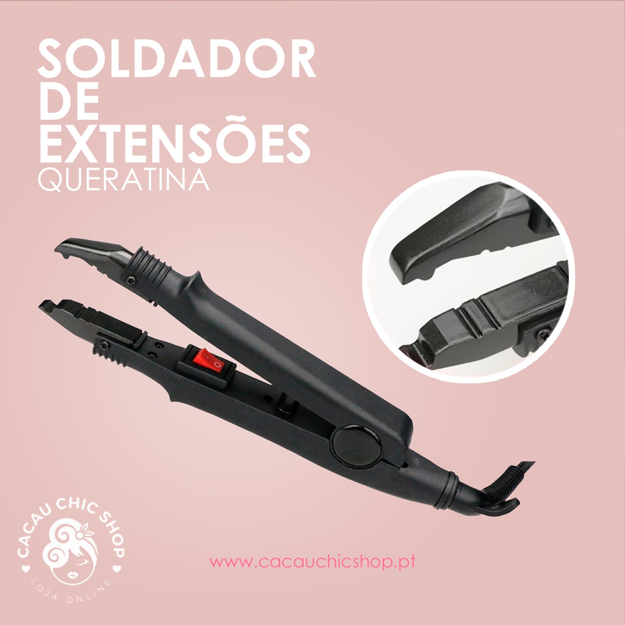 Soldador de Extensões Queratina Soldador de extensões em cerâmica preto com texto em fundo rosa