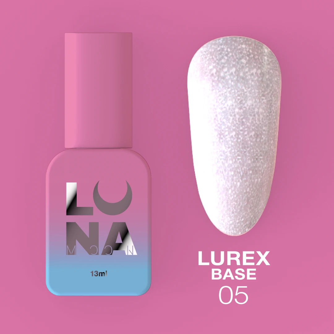 Lurex Base Nº5 – Base Camuflagem Lilás-Rosa Glitter – 13 ml LUNAmoon Frasco de verniz de unhas degradé rosa e azul com amostra branca brilhante e texto LUREX BASE 05