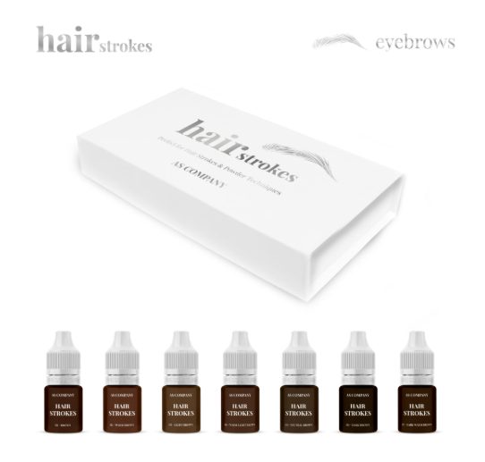 Kit Pigmentos Sobrancelhas AS Company Hair Strokes Organic Based 6 ml - Fio a Fio e Powder Conjunto de frascos castanhos e caixa branca com texto hair strokes