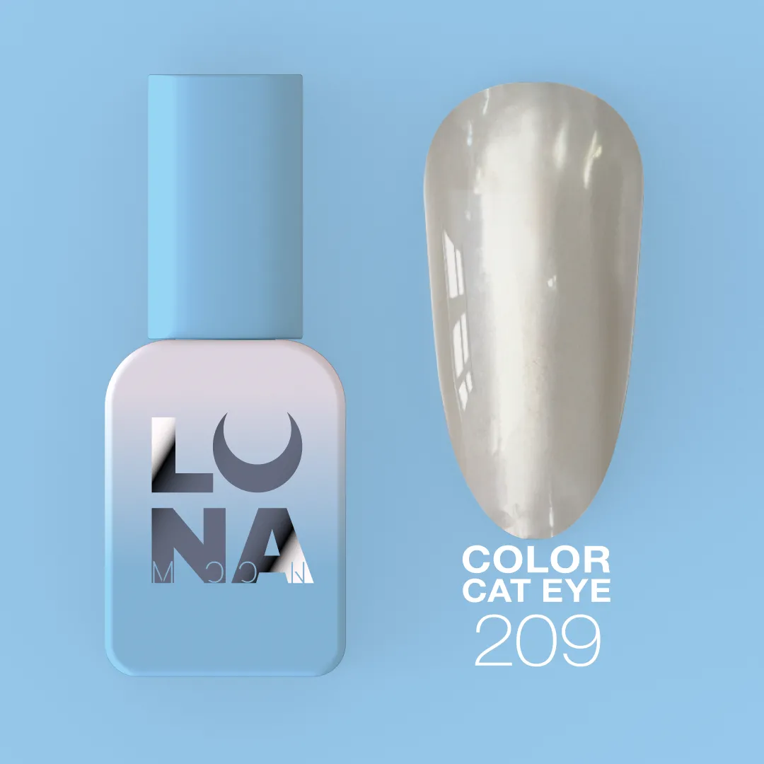 Verniz Gel Magnético – Cat Eye Nº209 Lilás-Bege – 13 ml LUNAmoon Verniz de unhas azul claro LUNA e amostra da cor bege perolado