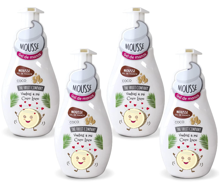 The Fruit Company - Kit Sabão de Mãos Mousse Coco 4 und Quatro frascos de mousse gel de mãos com fragrância de coco e desenhos tropicais.