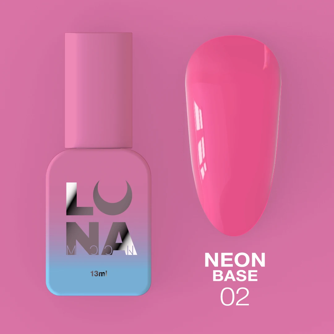 Neon Base №2 Pink – Rosa Néon – 13 ml LUNAmoon Verniz de unhas rosa neon com frasco rosa e azul