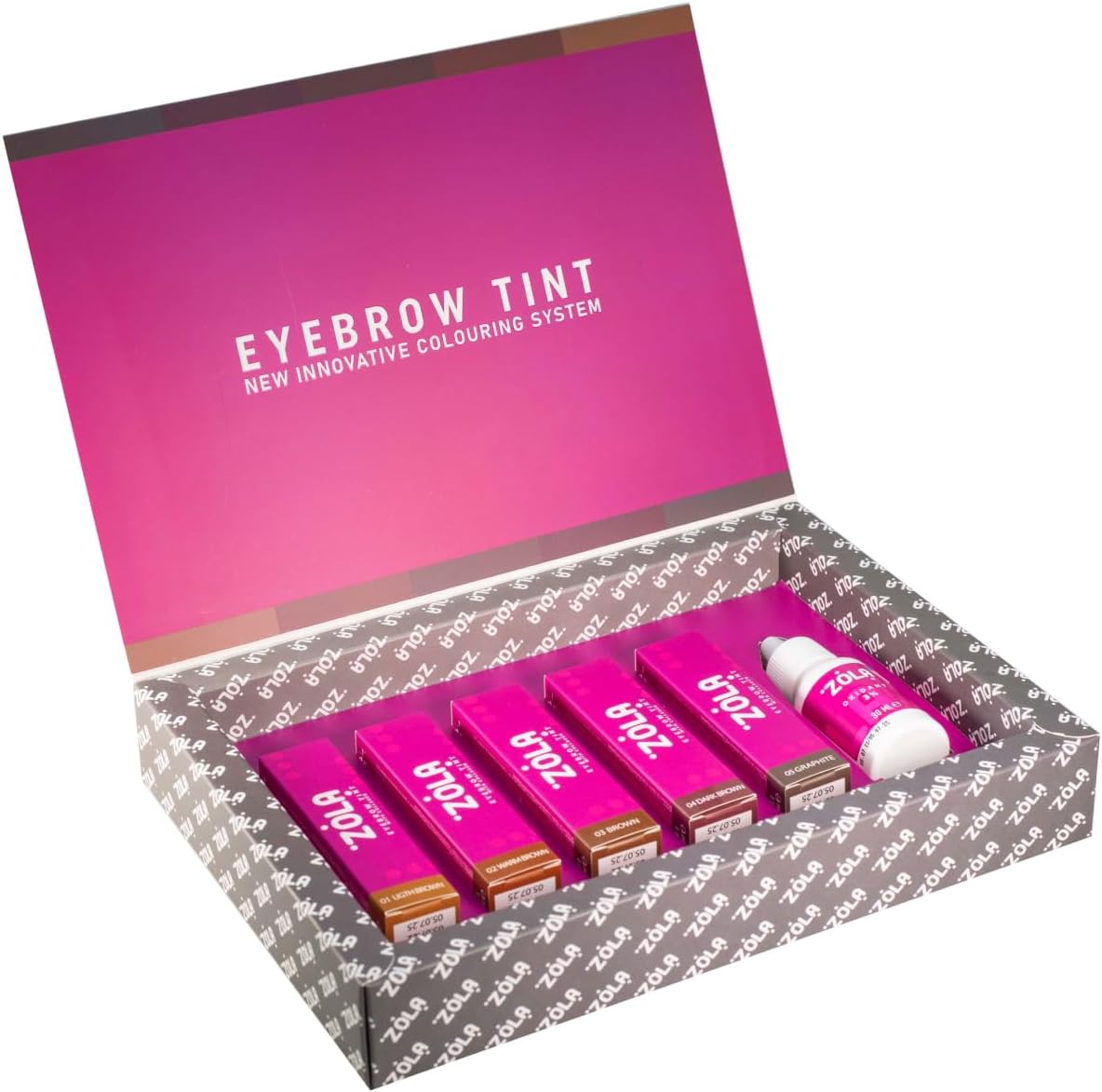 Kit Eyebrow Tint 5 Cores + Oxidante - Zola Caixa com produtos de coloração para sobrancelhas cor-de-rosa e branca