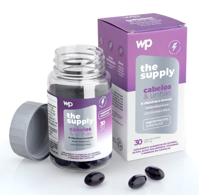 Capsulas The Supply Cabelos e Unhas - Wepink frasco e caixa do suplemento the supply cabelos e unhas com cápsulas pretas